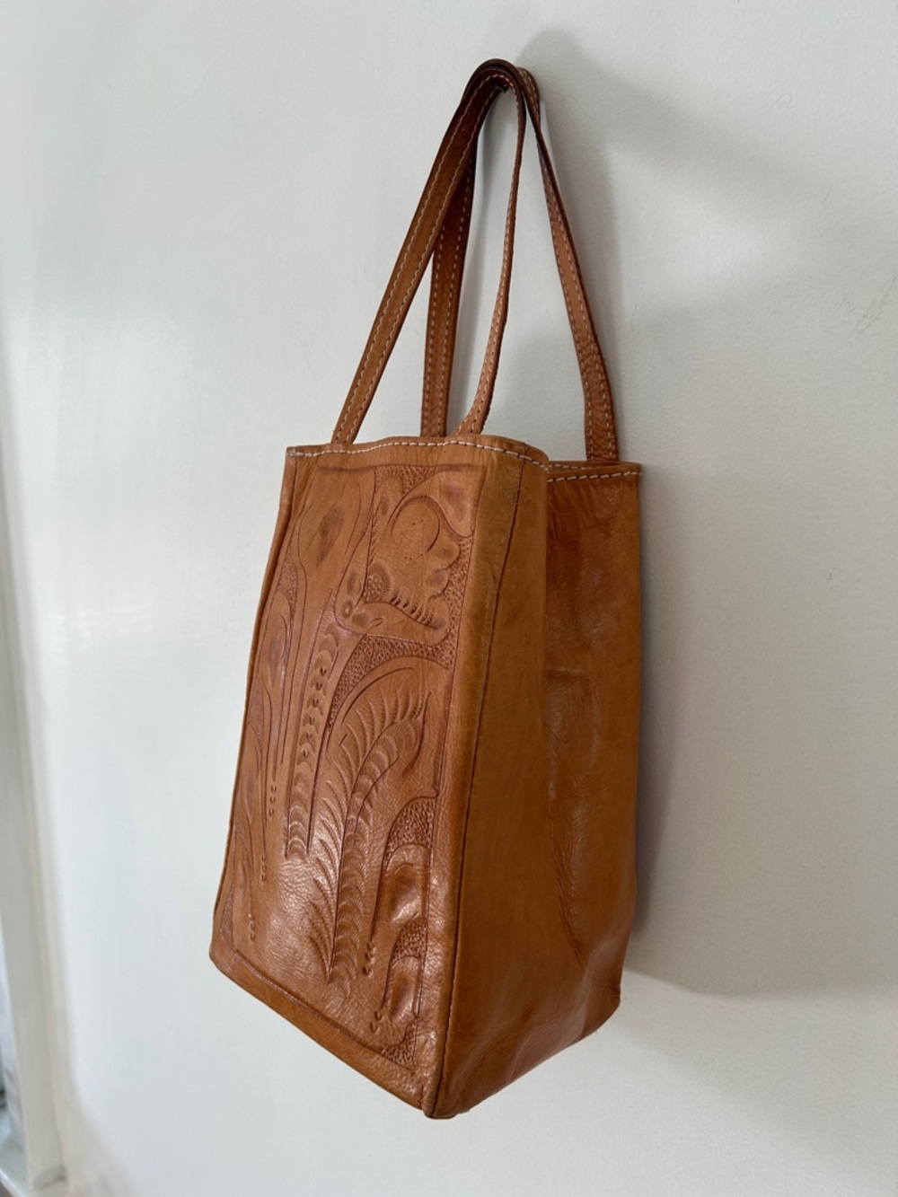 Hand Tooled Leather Tote Bag from Paraguay with Tan Floral Design - Picture 2 of 16